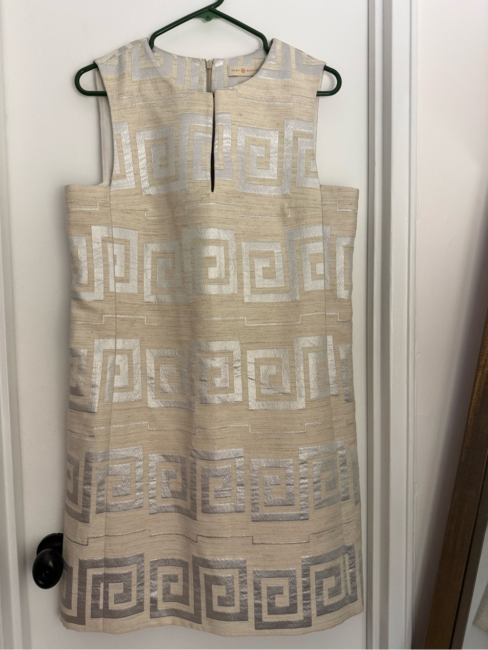Tory Burch Sleeveless Cream Metallic Geometric Shift Dress